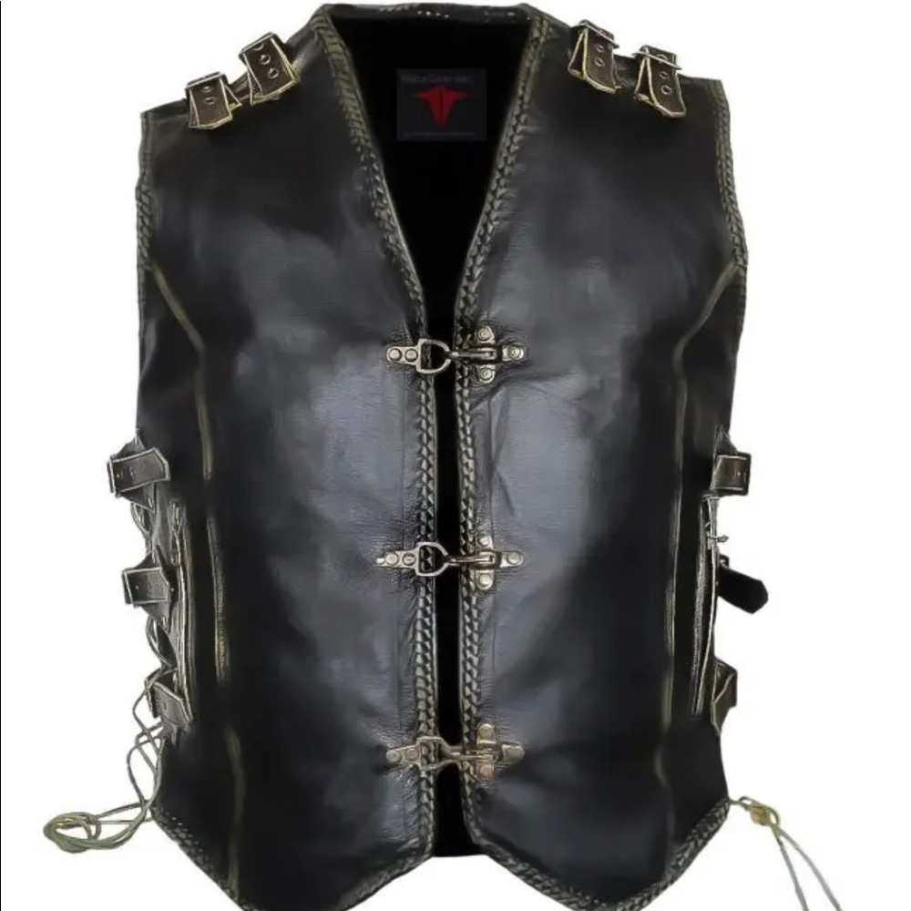 Men’s Motorcycle Distressed Black Side Laced Biker Concealed Carry Leather Vest - Picture 2 of 9